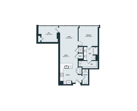Floor plan for 1 bed, 1.5 baths, 1100 sqft